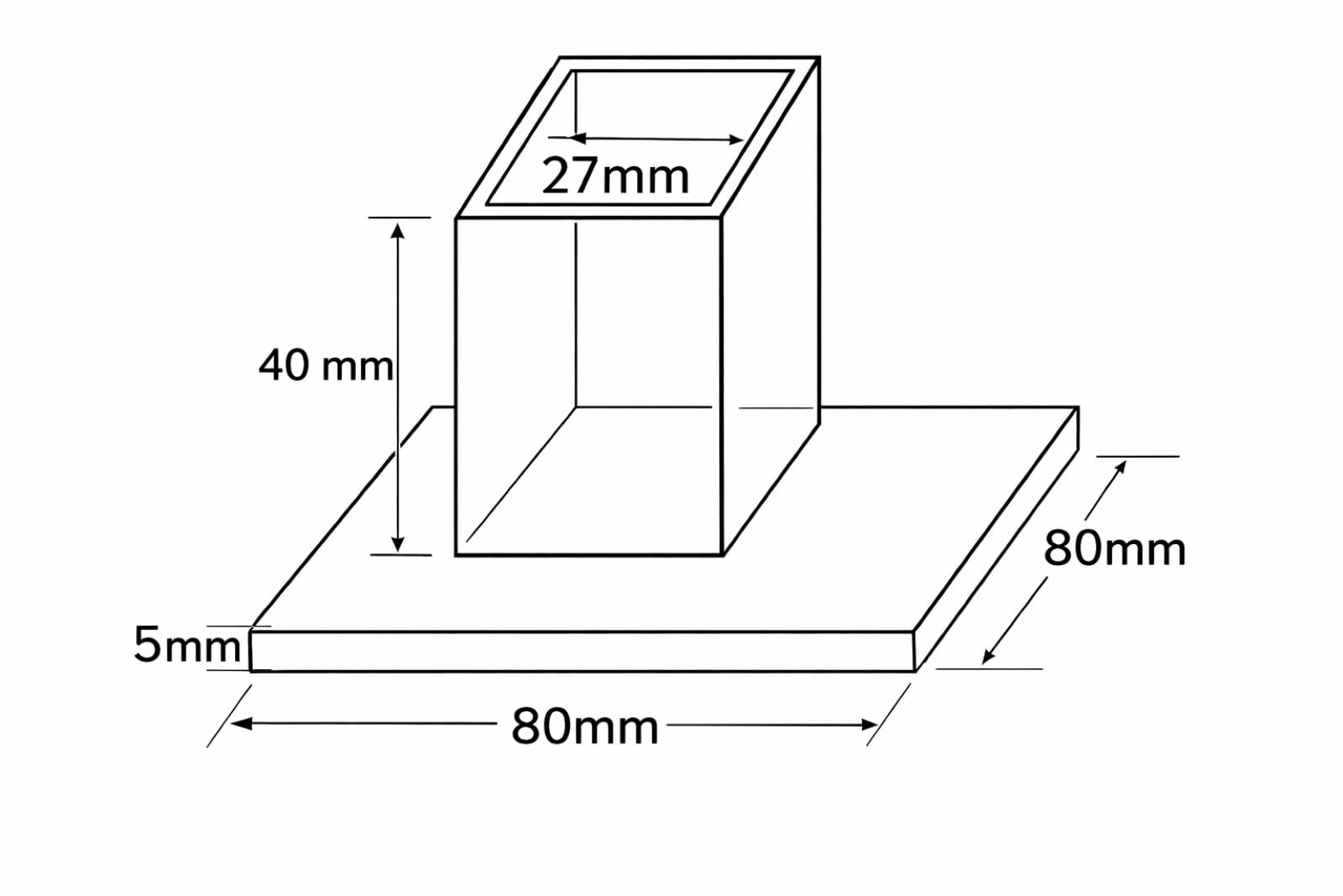 Arbor press foot adapter technical drawing showing 27mm internal square, 40mm height and 80 x 80 x 5mm base plate
