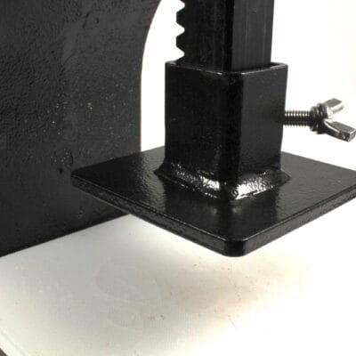 Arbor press foot adapter 27mm internal square installed on arbor press, angled front view
