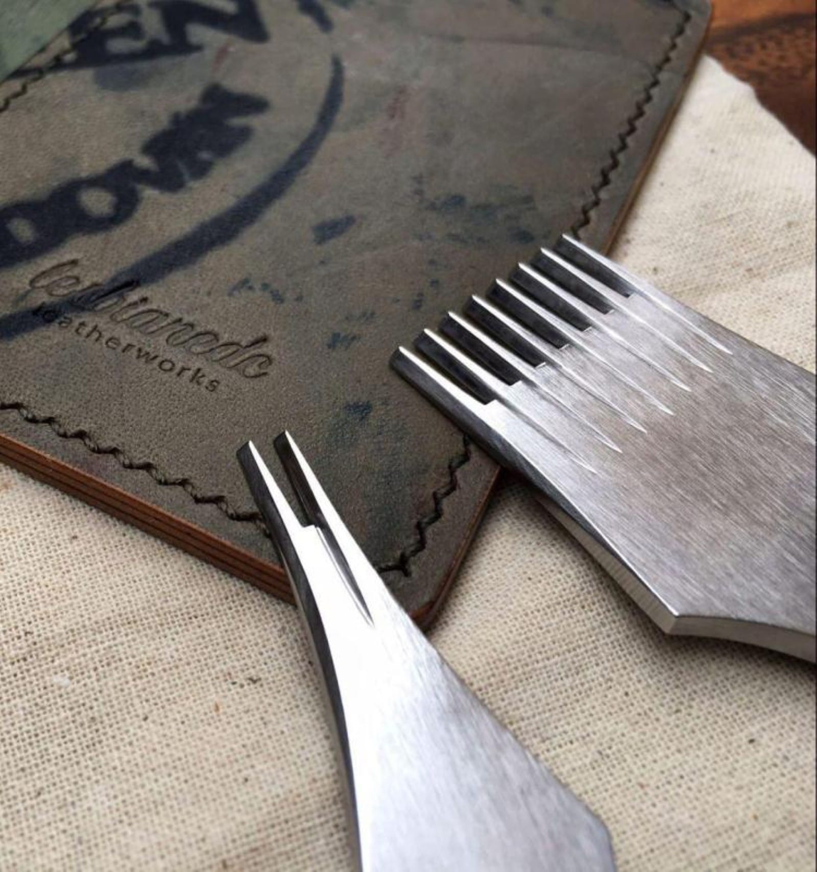 Kevin Lee pricking irons aligned on leather