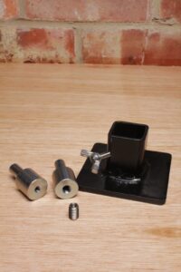 Arbor press adapter kit with foot adapter, M8 ram adapter, 1/4 UNC ram adapter, and M8 to M5 reducer.