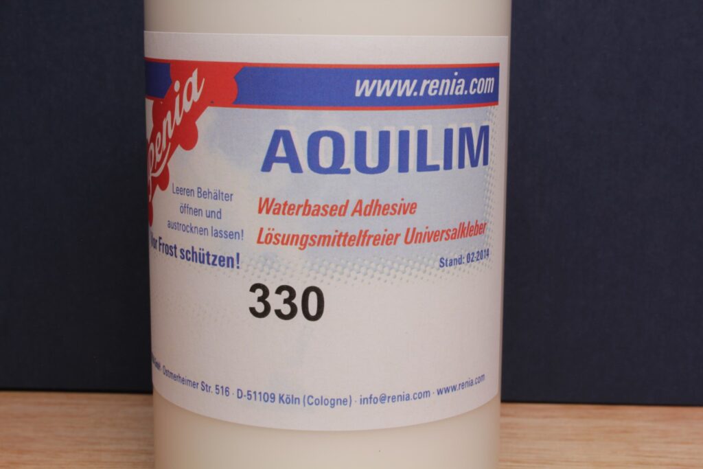 Renia Aquilim 330 front label – water-based leather contact adhesive made in Germany