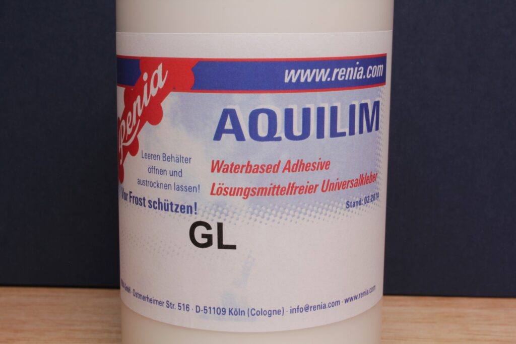 Renia Aquilim GL front label – flexible water-based stitching adhesive made in Germany