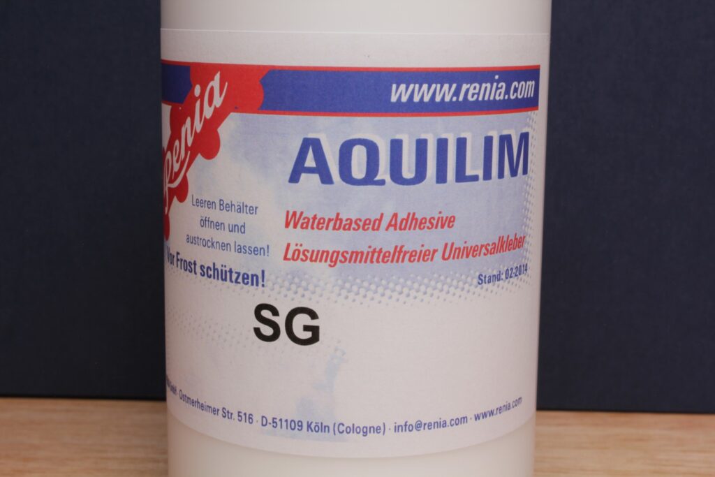 Renia Aquilim SG front label – repositionable water-based leather positioning adhesive