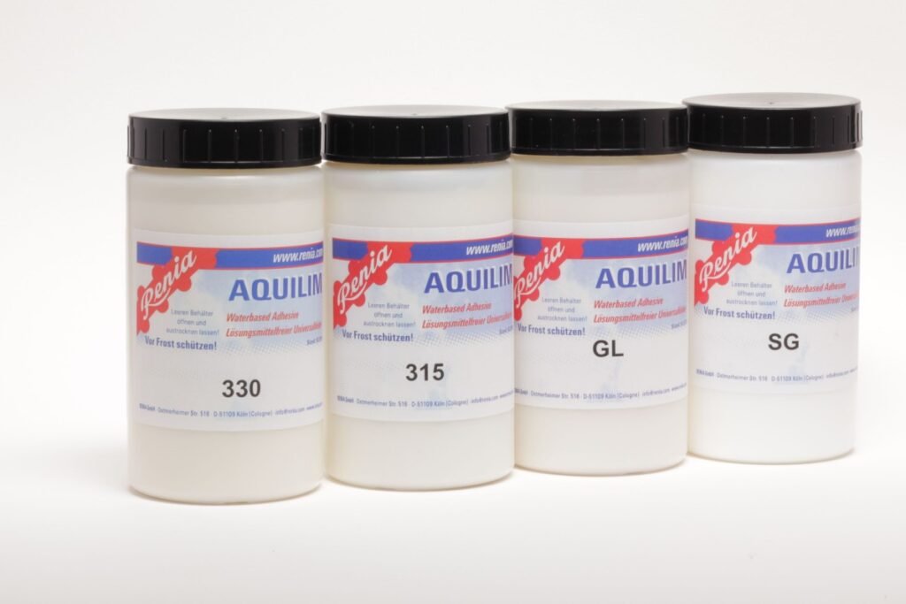 Four Renia Aquilim water-based contact adhesive jars for leathercraft