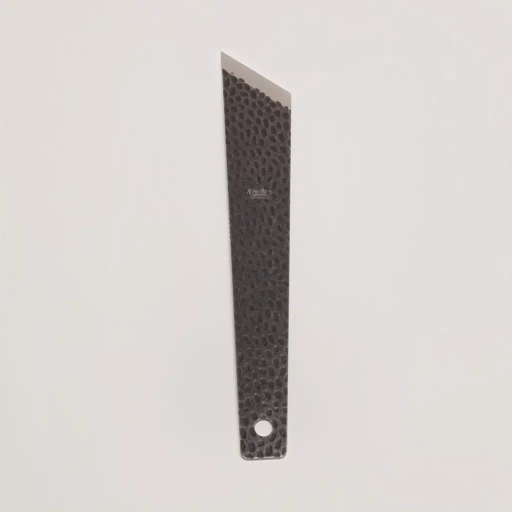 Kevin Lee D2 steel skiving knife, front view, stonewashed black finish