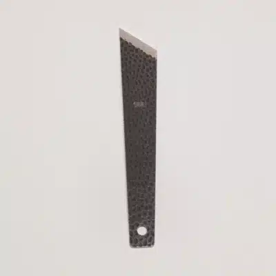 Kevin Lee D2 steel skiving knife, front view, stonewashed black finish