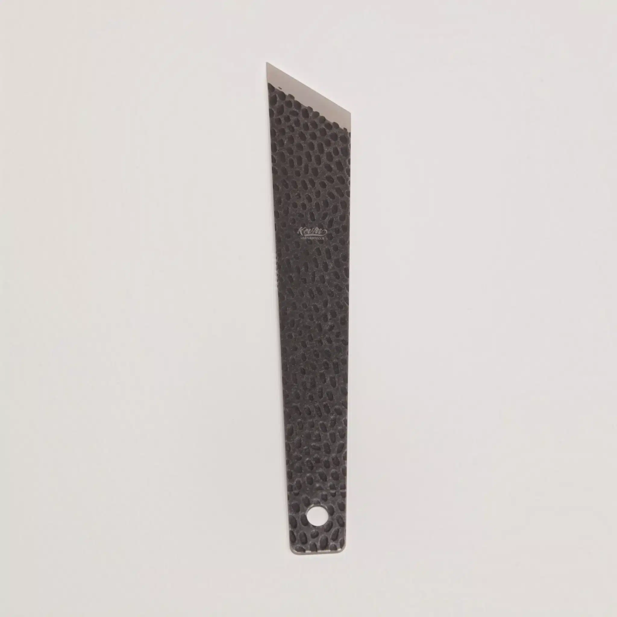 Kevin Lee D2 steel skiving knife, front view, stonewashed black finish