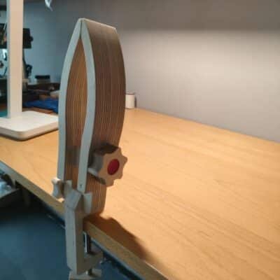 Kevin Lee curved-jaw stitching pony with 45mm jaws mounted to a workbench