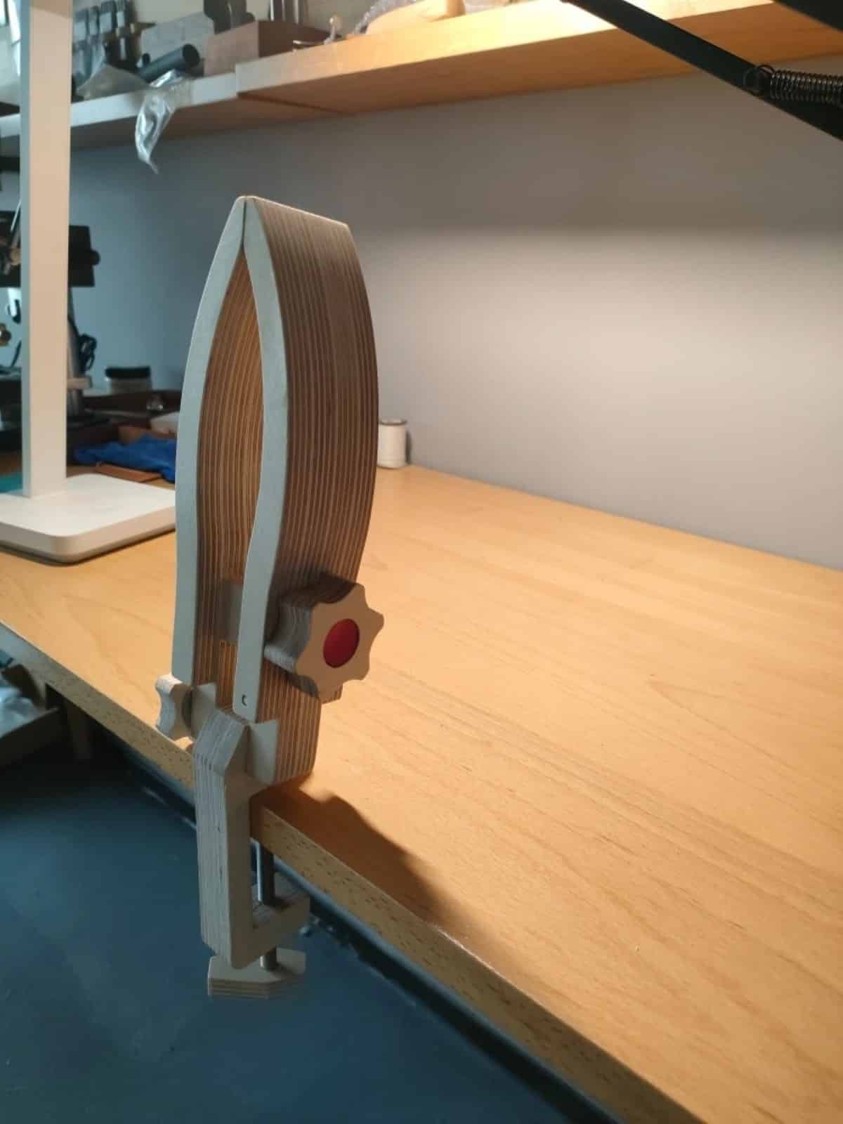 Kevin Lee curved-jaw stitching pony with 45mm jaws mounted to a workbench