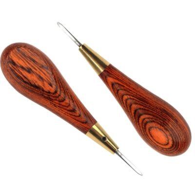 Two views of the Kevin Lee 2mm diamond awl showing its wooden handle, brass ferrule and blade
