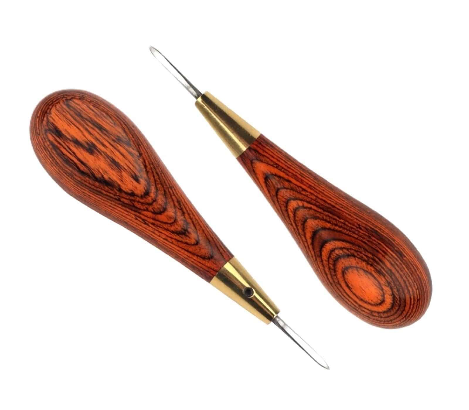 Two views of the Kevin Lee 2mm diamond awl showing its wooden handle, brass ferrule and blade