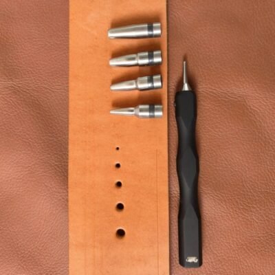 Kevin Lee 1–5mm interchangeable-tip hole punch set with handle, five tips and sample holes in leather