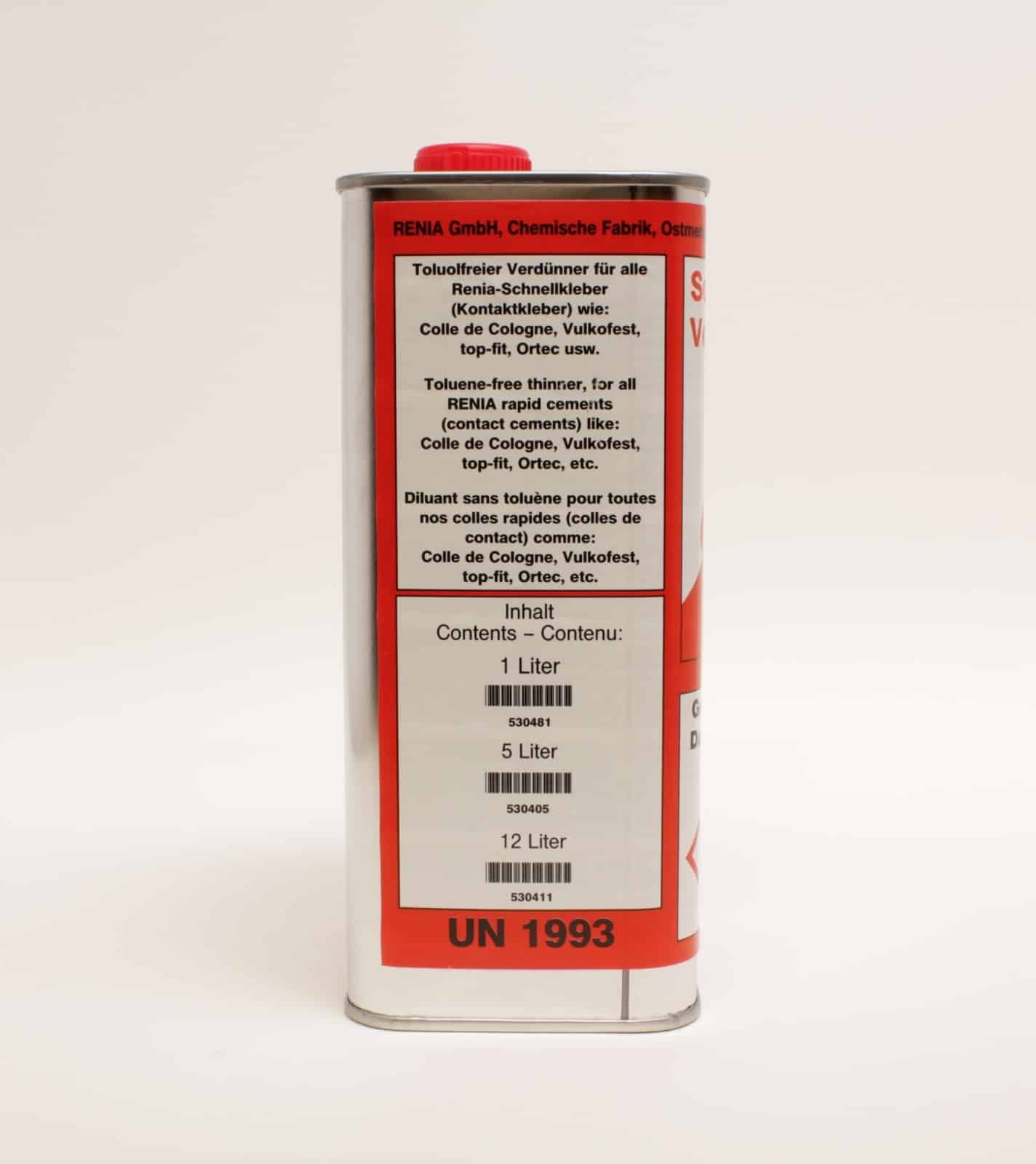 Side view of the Renia Adhesive Thinner 1L container showing the product label