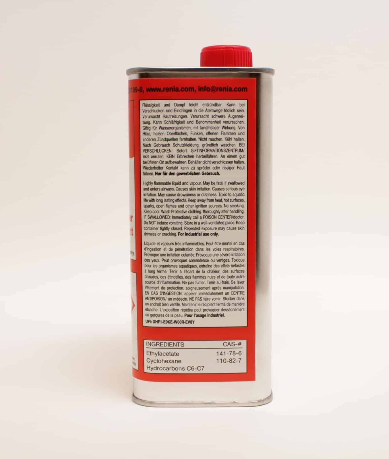 Opposite side of the Renia Adhesive Thinner 1L container showing product and safety information