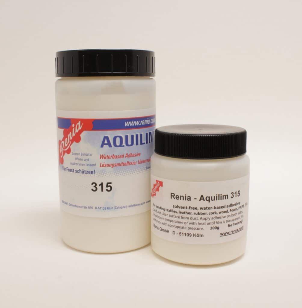 Renia Aquilim 315 solvent-free water-based leather adhesive shown with the original container and 200g pot