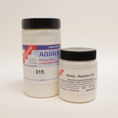 Renia Aquilim 315 solvent-free water-based leather adhesive shown with the original container and 200g pot