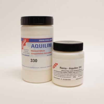Renia Aquilim 330 water-based leather adhesive shown with the original container and 200g pot