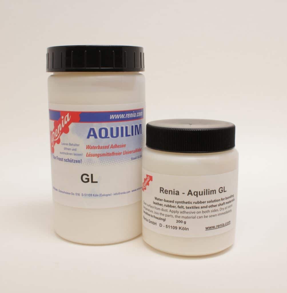 Renia Aquilim GL water-based leather adhesive shown with the original container and 200g pot
