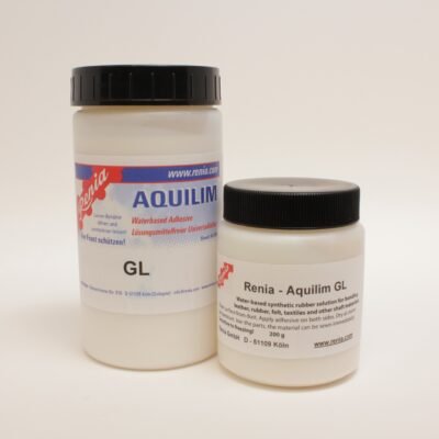 Renia Aquilim GL water-based leather adhesive shown with the original container and 200g pot