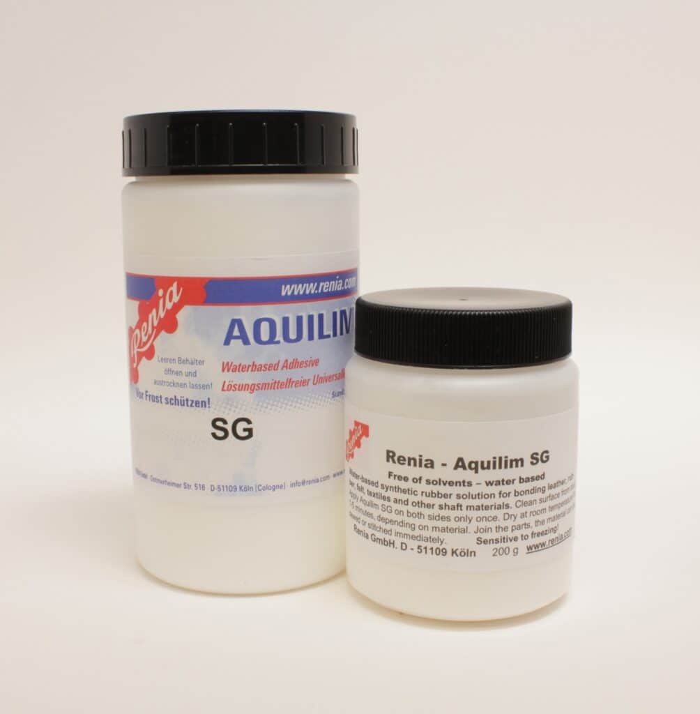 Renia Aquilim SG solvent-free water-based leather adhesive shown with the original container and 200g pot