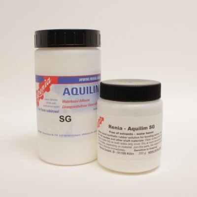 Renia Aquilim SG solvent-free water-based leather adhesive shown with the original container and 200g pot
